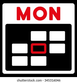 Monday vector icon. Style is bicolor flat symbol, red and white colors, rounded angles, black background.