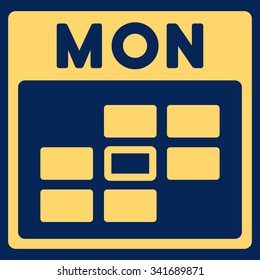 Monday vector icon. Style is flat symbol, yellow color, rounded angles, blue background.