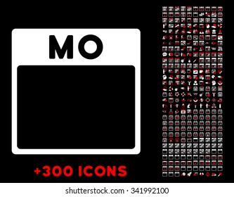 Monday vector pictogram with additional 300 date and time management icons. Style is bicolor flat symbols, red and white colors, rounded angles, black background.
