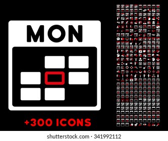 Monday vector pictogram with additional 300 date and time management icons. Style is bicolor flat symbols, red and white colors, rounded angles, black background.