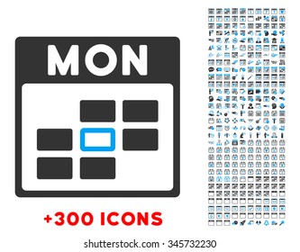 Monday vector pictogram with additional 300 date and time management icons. Style is bicolor flat symbols, blue and gray colors, rounded angles, white background.