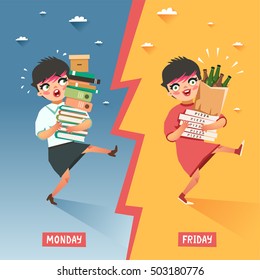 Monday vs Friday concept. Overwhelmed businesswoman with pile of papers and folders VS happy relaxing young woman with pile of pizzas and beer bottles. Vector colorful illustration in flat style