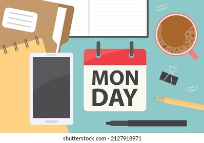 monday written in calendar, flat lay office desk composition - vector illustration
