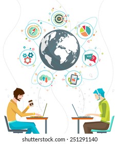Mondial business concept. Communication in the global networks. Multitasking in industry. Long-distance administration and management.  Social media.  Vector illustration.