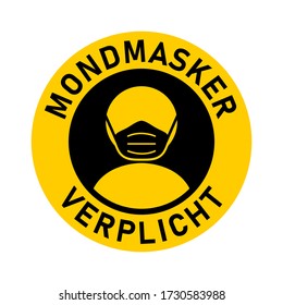 Mondmasker Verplicht ("Face Mask Must Be Worn" in Dutch) Round Badge Sticker Icon with Text. Vector Image.