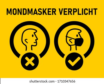 Mondmasker Verplicht ("Mandatory Use of Face Mask" in Dutch) Instruction Icon against the Spread of the Novel Coronavirus Covid-19. Vector Image.