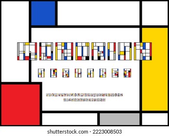 Mondrian art style alphabet design with uppercase, numbers and symbols