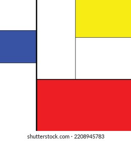 A Mondrian art style drawing, red and blue and yellow and white and black colors, artistic work, vector illustration, a pattern contains rectangles, suitable for social media and print works, abstract