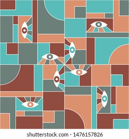 Mondrian bauhaus geometric seamless pattern with eyes. Minimal vector suprematism pattern fabric print. Geometric grid elements, open eyes bauhaus style seamless  poster background.