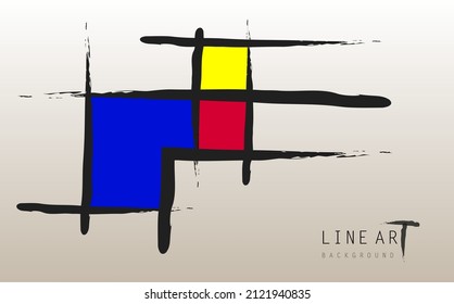 Emulación mondriana. Arte geométrico abstracto, pinceladas negras y cuadros coloridos. 
