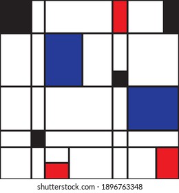Mondrian seamless pattern. Bauhaus abstract checked geometric style background in blue, red and black. Colorful vector illustration. Mosaic Piet Mondrian emulation