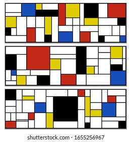 Mondrian Style Banner Ad Poster Card Set with Color Square and Rectangle. Vector illustration of Banners