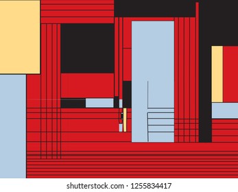 Mondrian Style Funky Doodle Vector Pattern. Pop Art Modern Abstract Background. Original Geometric Pattern in White, Blue, Red, Black Colors. Lines, Squares, Rectangles Ornament Vector Design