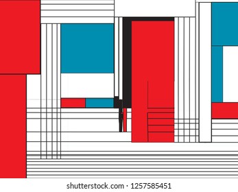 Mondrian Style Funky Doodle Vector Pattern. Pop Art Modern Abstract Background. Original Geometric Pattern in White, Blue, Red, Black Colors. Lines, Squares, Rectangles Ornament Vector Design
