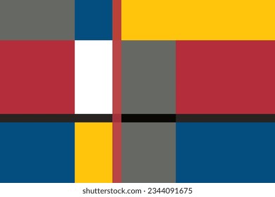 Mondrian style of pattern art. Design colors red, blue, yellow, black and white. Design print for illustration, textile, artwork, backdrop, background. Set 3