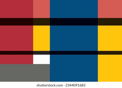 Mondrian style of pattern art. Design colors red, blue, yellow, black and white. Design print for illustration, textile, artwork, backdrop, background. Set 2