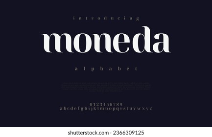 Moneda premium luxury elegant alphabet letters and numbers. Elegant wedding typography classic serif font decorative vintage retro. Creative vector illustration