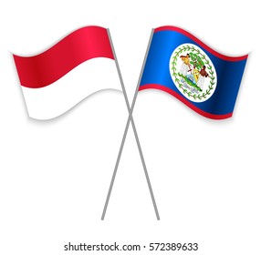 Monegasque and Belizean crossed flags. Monaco combined with Belize isolated on white. Language learning, international business or travel concept.