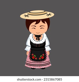 Monegasque female cartoon character in traditional ethnic dress. Woman in national costume. Monaco. Isolated flat vector illustration.