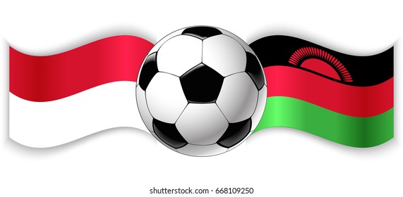 Monegasque and Malawian wavy flags with football ball. Monaco combined with Malawi isolated on white. Football match or international sport competition concept.