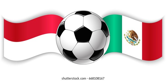 Monegasque and Mexican wavy flags with football ball. Monaco combined with Mexico isolated on white. Football match or international sport competition concept.