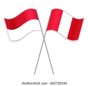 Monegasque and Peruvian crossed flags. Monaco combined with Peru isolated on white. Language learning, international business or travel concept.
