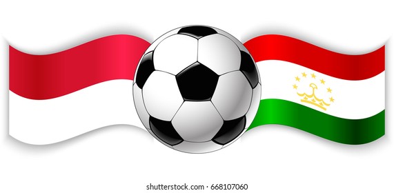 Monegasque and Tajikistani wavy flags with football ball. Monaco combined with Tajikistan isolated on white. Football match or international sport competition concept.