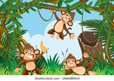 Moneky in jungle scene illustration