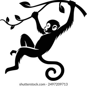 Moneky swinging on branch silhouette vector graphic