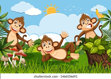 Monekys in nature scene illustration