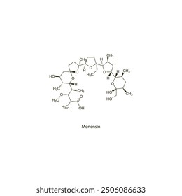 Monensin flat skeletal molecular structure Antiprotozoal drug used in coccidiosis treatment. Vector illustration scientific diagram.