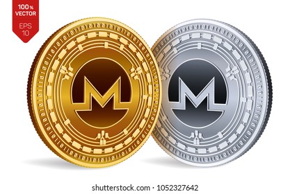 Monero. 3D isometric Physical coins. Digital currency. Cryptocurrency. Golden and silver coins with Monero symbol isolated on white background. Vector illustration.