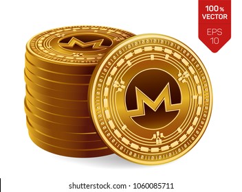 Monero. 3D isometric Physical coins. Digital currency. Cryptocurrency. Stack of golden coins with Monero symbol isolated on white background. Stock vector illustration.