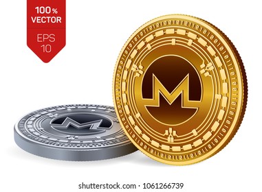 Monero. 3D isometric Physical coins. Digital currency. Cryptocurrency. Golden and silver coins with Monero symbol isolated on white background. Vector illustration.