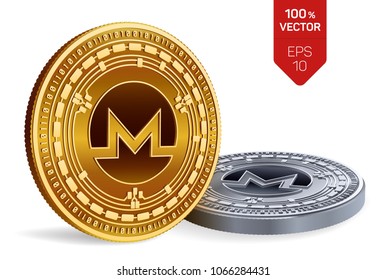 Monero. 3D isometric Physical coins. Digital currency. Cryptocurrency. Golden and silver coins with Monero symbol isolated on white background. Vector illustration.