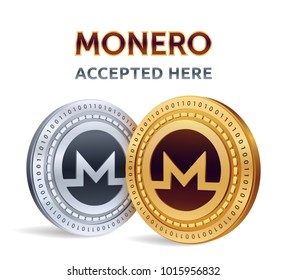 Monero. Accepted sign emblem. Crypto currency. Golden and silver coins with Monero symbol isolated on white background. 3D isometric Physical coins with text Accepted Here. Stock vector illustration