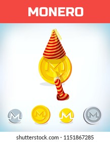 monero in birthday hat and pipe. monero. Digital currency. Crypto currency. Money and finance symbol. Miner bit coin criptocurrency. Virtual money concept. Cartoon Vector illustration.