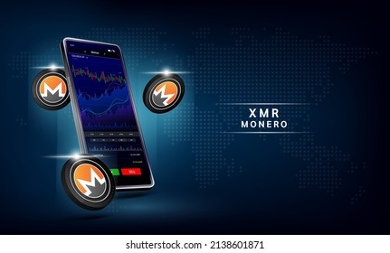 Monero coin and Phone. App for trading crypto currency on the touch screen smartphone. Data analytics stock market. Trends and financial strategy. Mobile banking cryptocurrency. Vector 3d. 