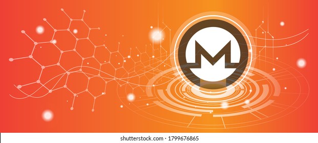 Monero coin symbol with crypto currency themed background design. Modern neon color banner for Monero or XMR icon. Cryptocurrency Blockchain technology, digital innovation & trade exchange concept.