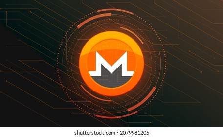 Monero Coin (XMR), banner temático sobre moneda cripto. Icono XMR sobre fondo de color negro moderno.