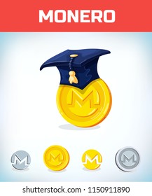 monero in College alumni hat. monero. Digital currency. Crypto currency. Money and finance symbol. Miner bit coin criptocurrency. Virtual money concept. Cartoon Vector illustration.