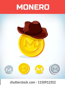 monero in cowboy hat. monero. Digital currency. Crypto currency. Money and finance symbol. Miner bit coin criptocurrency. Virtual money concept. Cartoon Vector illustration.