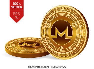 Monero. Crypto currency. 3D isometric Physical coins. Digital currency. Golden coins with Monero symbol isolated on white background. Block chain. Vector illustration.