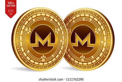 Monero. Crypto currency. 3D isometric Physical coins. Digital currency. Golden coins with Monero symbol isolated on white background. Block chain. Vector illustration.