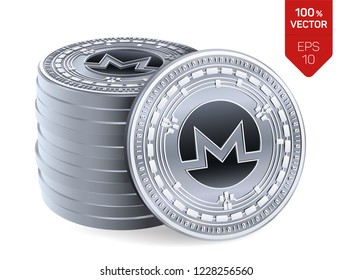 Monero. Moneda criptográfica. Monedas físicas 3D isométricas. Moneda digital. Pila de monedas de plata con símbolo Monero aislado en fondo blanco. Ilustración vectorial de material.