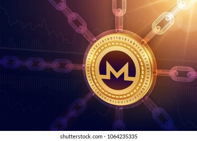 Monero. Crypto currency. Block chain. 3D isometric Physical Monero coin with wireframe chain. Blockchain concept. Editable Cryptocurrency template. Stock vector illustration.