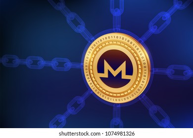 Monero. Crypto currency. Block chain. 3D isometric Physical Monero coin with wireframe chain. Blockchain concept. Editable Cryptocurrency template. Stock vector illustration.