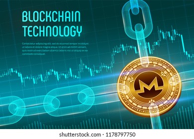 Monero. Crypto currency. Block chain. 3D isometric Physical golden Monero coin with wireframe chain on blue financial background. Blockchain concept. Editable Cryptocurrency template. Vector
