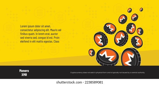 Monero Crypto currency XMR coin Banner illustration. Global digital currency XMR coins falling or floating concept flat vector design in yellow background. Lorem ipsum text and copy space.