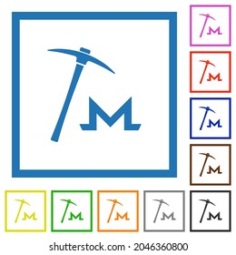 Monero cryptocurrency mining flat color icons in square frames on white background